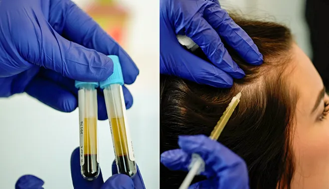 Trattamento alternativo PRP per il rafforzamento dei capelli presso la clinica Elithair. L'immagine mostra l'applicazione del plasma ricco di piastrine per stimolare la crescita e migliorare la salute dei capelli.